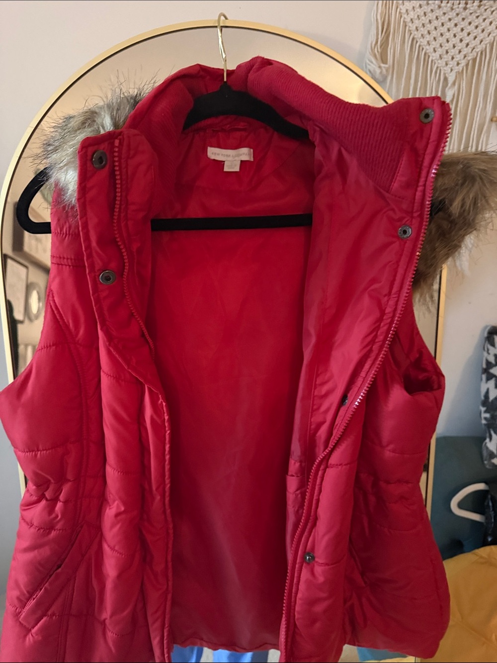 New York & Company Red Puffer Vest with Faux-Fur Trim